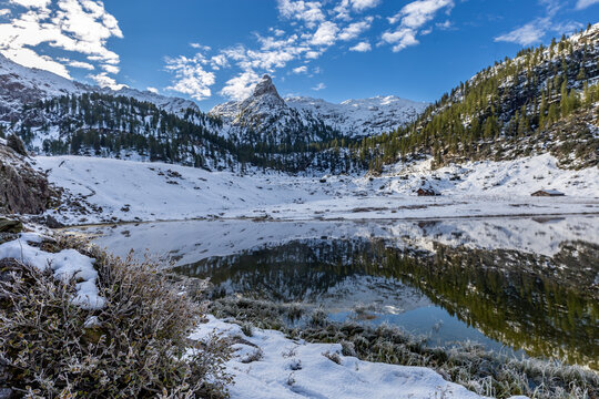 Lake Funtensee near K&auml;rlinghaus during Snowy Winter in the European Alps, Germany, Europe