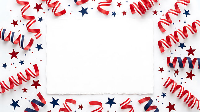 American patriotic celebration background with red white and blue ribbons and stars for independence day