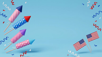 Obraz premium Fourth of July celebration background with american flags and colorful fireworks rockets on blue
