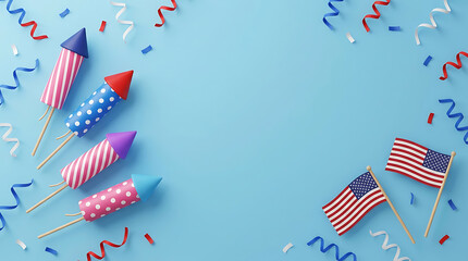Obraz premium Fourth of July celebration background with american flag and colorful party poppers confetti