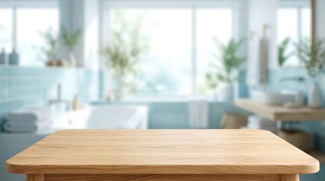 Empty wooden table top with blurred modern bathroom background for product display mockup and cosmetic presentation spa.
