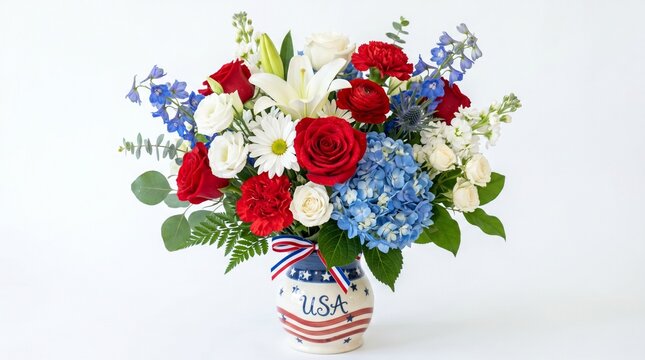 A patriotic bouquet of red, white, and blue flowers in a festive vase, high-quality, clear and detailed photo, isolated on a white background.