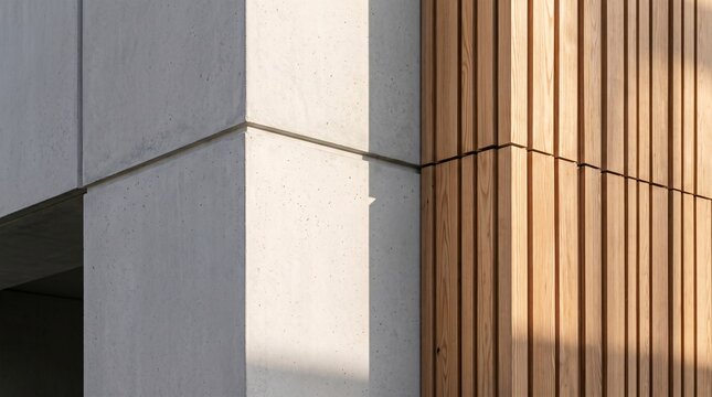 Minimalist sustainable architecture facade with concrete and timber