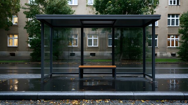 A modern bus stop shelter and bench reflect vividly on wet urban pavement after rainfall