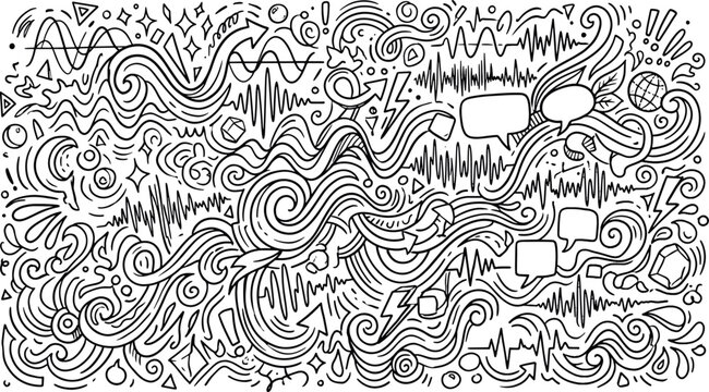Abstract hand drawn doodle pattern with audio sound waves speech bubbles chaotic swirls lightning arrows line art background vector illustration