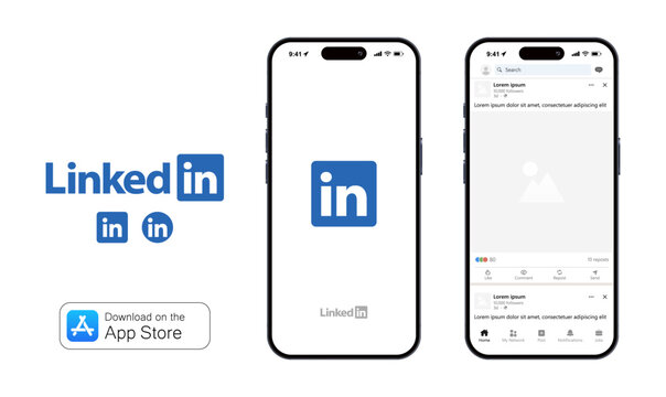 LinkedIn mobile app mockup template. iPhone with LinkedIn interface preview, customizable screen frame with soft shadow, available in both dark and light modes