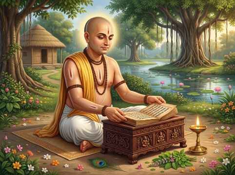 Goswami Tulsidas Reading Sacred Scriptures by a Riverside Landscape Symbolizing Devotion, Spiritual Learning and Hindu Literary Tradition