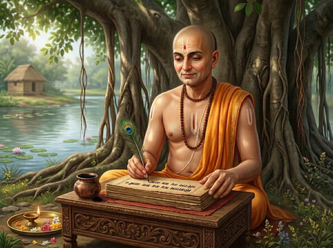 Goswami Tulsidas Writing Sacred Verses and Composing Ramcharitmanas in a Devotional Riverside Setting Celebrating Hindu Literary Heritage