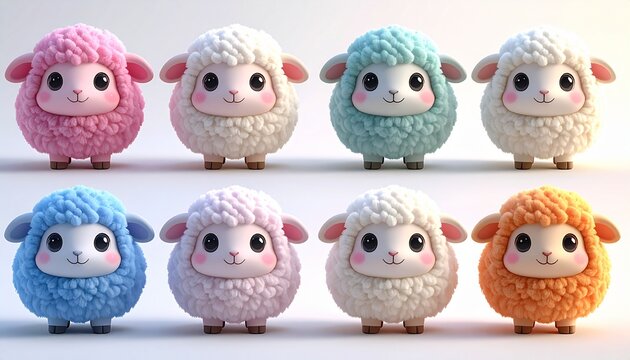 Set of cute 3D fluffy sheep characters for 2027 Japanese New Year on white background