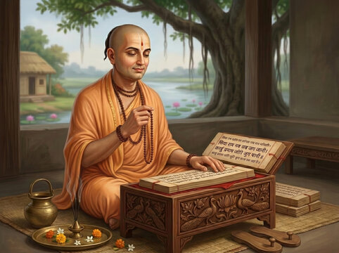 Goswami Tulsidas Teaching Sacred Scriptures and Sharing Spiritual Wisdom Through Ramcharitmanas and Hindu Devotional Tradition