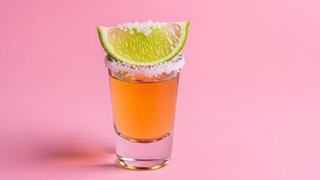 Tequila shot garnished with a salted rim and a fresh lime wedge sits against a vibrant pink background for a festive presentation.