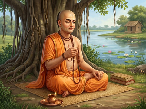 Goswami Tulsidas Meditating with Prayer Beads in a Peaceful Riverside Setting Symbolizing Devotion, Faith and Spiritual Discipline