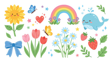 Obraz premium Kawaii spring sticker set with cute sunflower and whale, pastel rainbow and floral garden elements, whimsical summer vector clip art collection