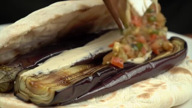 A person is putting salsa on roasted eggplant in a pita bread