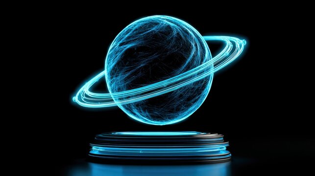 Holographic digital planet floating over technical podium with glowing cyan light for sci-fi and technology marketing