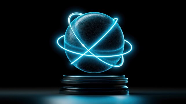 Neon orbital sphere levitating over dark platform in minimalist studio for global network and innovation marketing