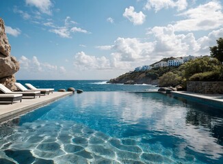 Obraz premium Infinity pool overlooking ocean with rocky coastline under blue sky