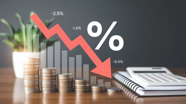 Financial graph showing a downward trend in interest rates and economic decline with stacked coins and calculator equipment