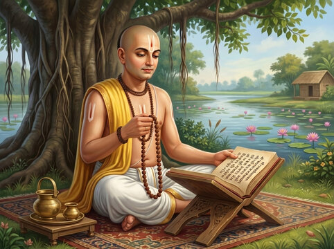 Goswami Tulsidas Reading Sacred Scriptures with Prayer Beads in a Riverside Devotional Setting Celebrating Faith, Learning and Hindu Spiritual Heritage