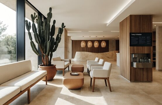 Modern lobby interior design with cushioned chairs wooden paneling cactus plant curved reception desk wall screen recessed lighting minimalist contemporary architecture professional generated ai