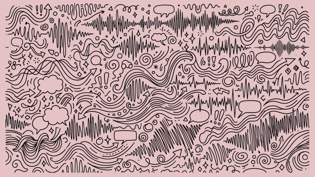 Abstract hand drawn audio doodle pattern with sound waves music frequency speech bubbles equalizer lines and communication symbols vector illustration
