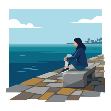 Solitary seaside moment shows a painted figure seated by the pier
