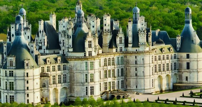 The medieval castle Chambord in France. Aerial shot of the facade of the French castle near Paris