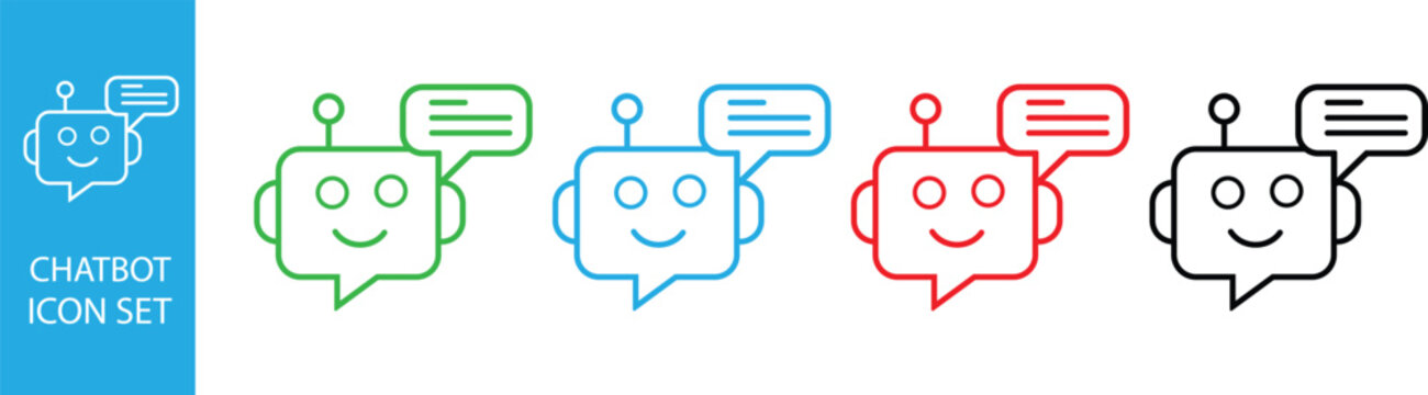 Colorful chatbot icon set with smiling robot characters and speech bubbles