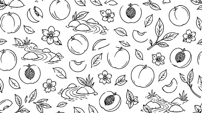 Hand drawn peach and blossom illustration pattern.