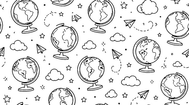 Doodle style globes and clouds with paper planes.