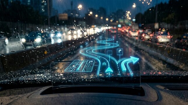Futuristic HUD navigation system overlaying a rainy highway at night, guiding the driver with glowing arrows and maps