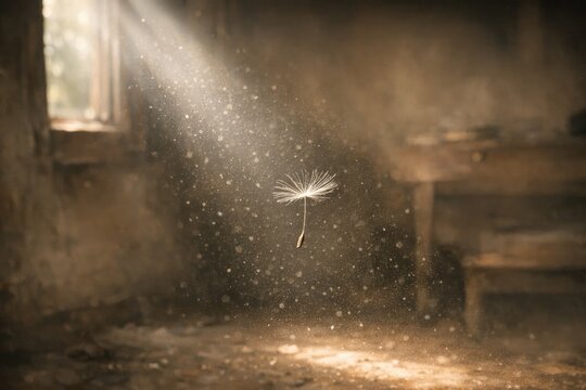 A fluffy dandelion seedling flying freely in a room, potentially used as a symbol of whimsy or wonder