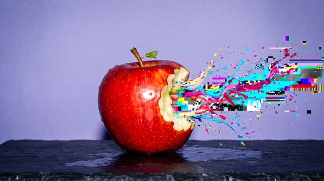 Bitten red apple exploding into colorful digital pixels and splashes against a purple background.