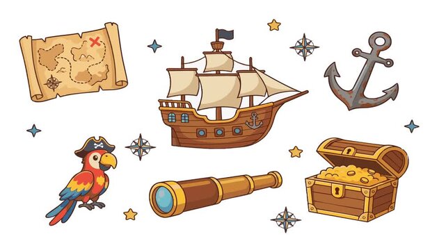 Pirate ship sails across the ocean with treasure and parrot