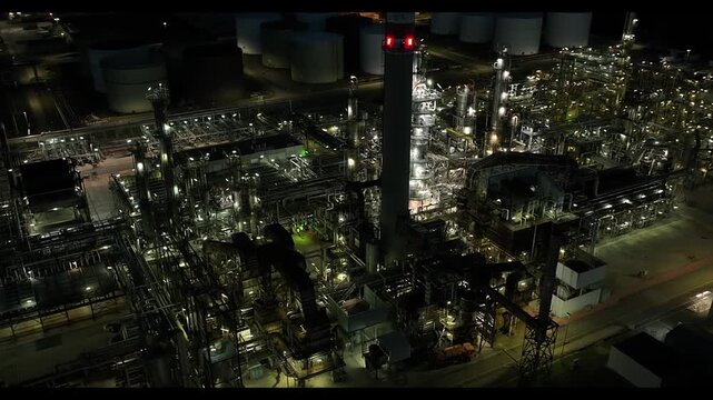 Aerial view of oil refinery industrial factory plant at night