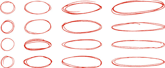 Obraz na płótnie Canvas Hand drawn ballpoint pen circles ovals, red ballpen text highlight sketch frames. Grunge doodle ellipses, abstract round scribble highlights, various width oval pen doodles vector set