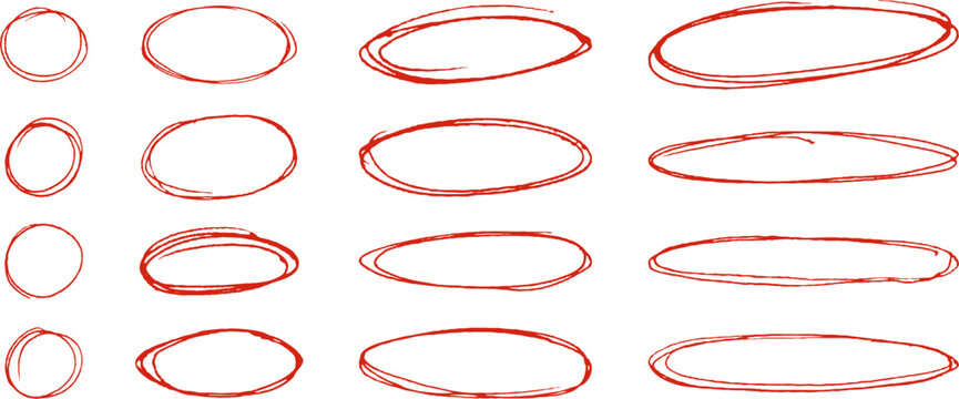 Hand drawn ballpoint pen circles ovals, red ballpen text highlight sketch frames. Grunge doodle ellipses, abstract round scribble highlights, various width oval pen doodles vector set