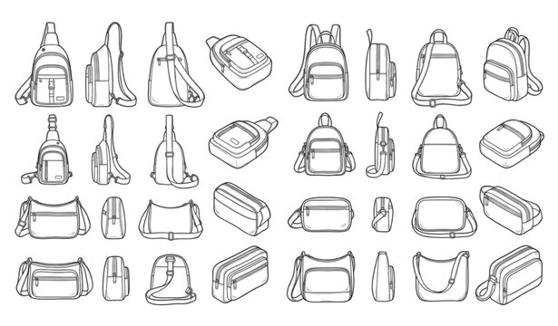 Women small sling bag crossbody travel backpack outline vector illustration set