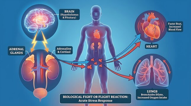 Human fight or flight reaction stress response system with brain adrenal