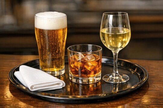 A tray with two glasses of beer and one glass of wine, perfect for serving drinks at parties or social gatherings