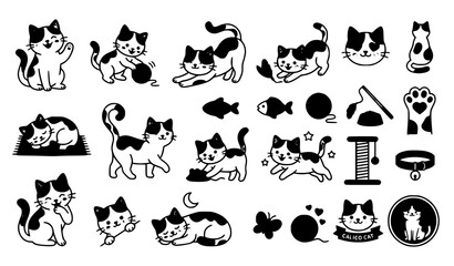 Fototapeta premium Black and white cat illustration set with fish toys and paw prints