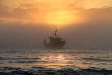 Obraz premium Lighthouse Standing Above Foggy Ocean at Sunrise, Dramatic Coastal Landscape