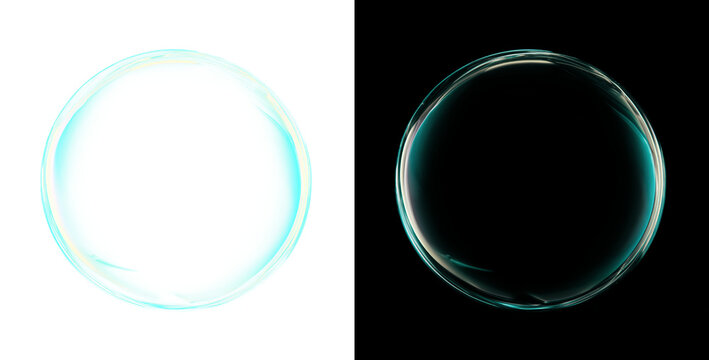 Large transparent soap bubble with glossy reflections and realistic liquid surface. Isolated overlay PNG on split background.
