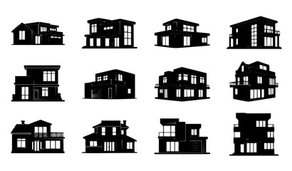 Obraz premium Modern Residential House Silhouette Icon Set Featuring Contemporary Real Estate Architectures, Luxury Villas, and Minimalist Home Exterior Designs for Property Websites