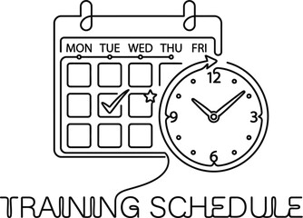 Fototapeta premium Continuous line drawing of a training schedule with a calendar and clock.