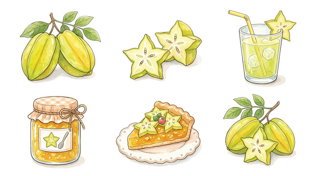 A collection of watercolor illustrations depicting star fruit in various forms, including whole fruits, slices, juice, jam, and a pie.