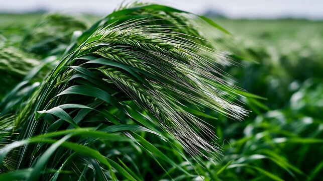 Lush Green Cereal Crop Swaying Gently in Agricultural Field