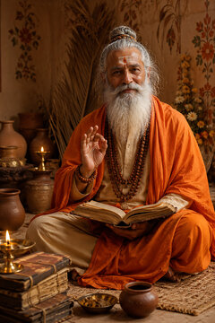 Guru purnima hindu relegious festival portrait of serene elder teacher holding sacred book among clay pots lamps and warm ashram decor