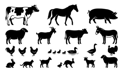 Fototapeta premium Black silhouettes of various farm animals on white background