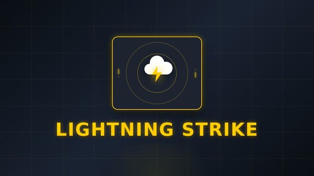 Lightning strike weather alert animation with thundercloud icon and bold typography. Dark storm-blue graphite and warning-yellow background with pulsing energy indicators. 